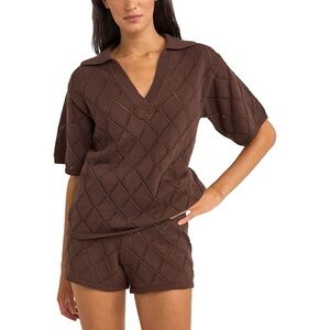 Rhythm Islander Collared Open Knit Polo Sweater SZ MED